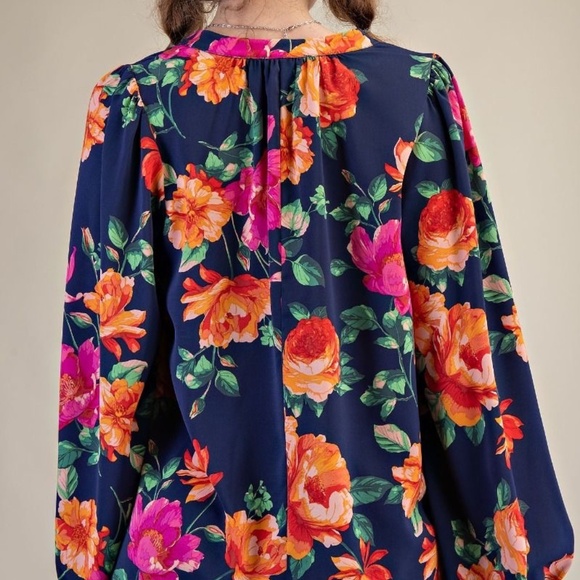 New Easel Women's Floral Tie Neck Blouse Pullover Woven Long Sleeve Small BLUE - Picture 4 of 10